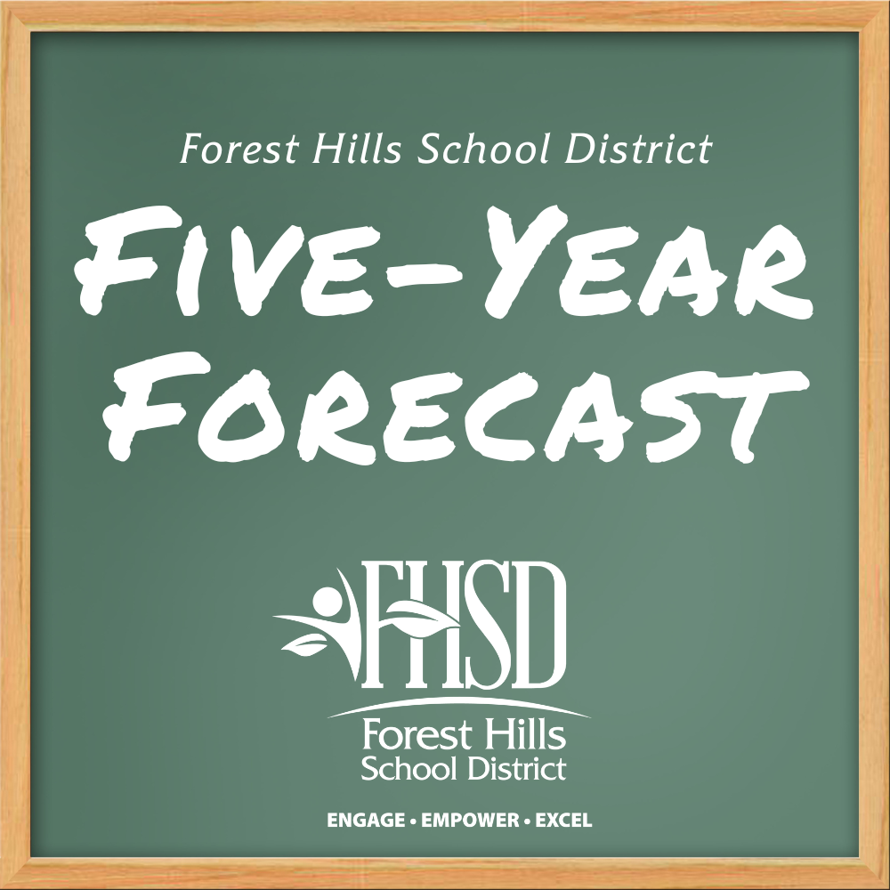 A chalkboard that reads "Forest Hills School District Five-Year Forecast"